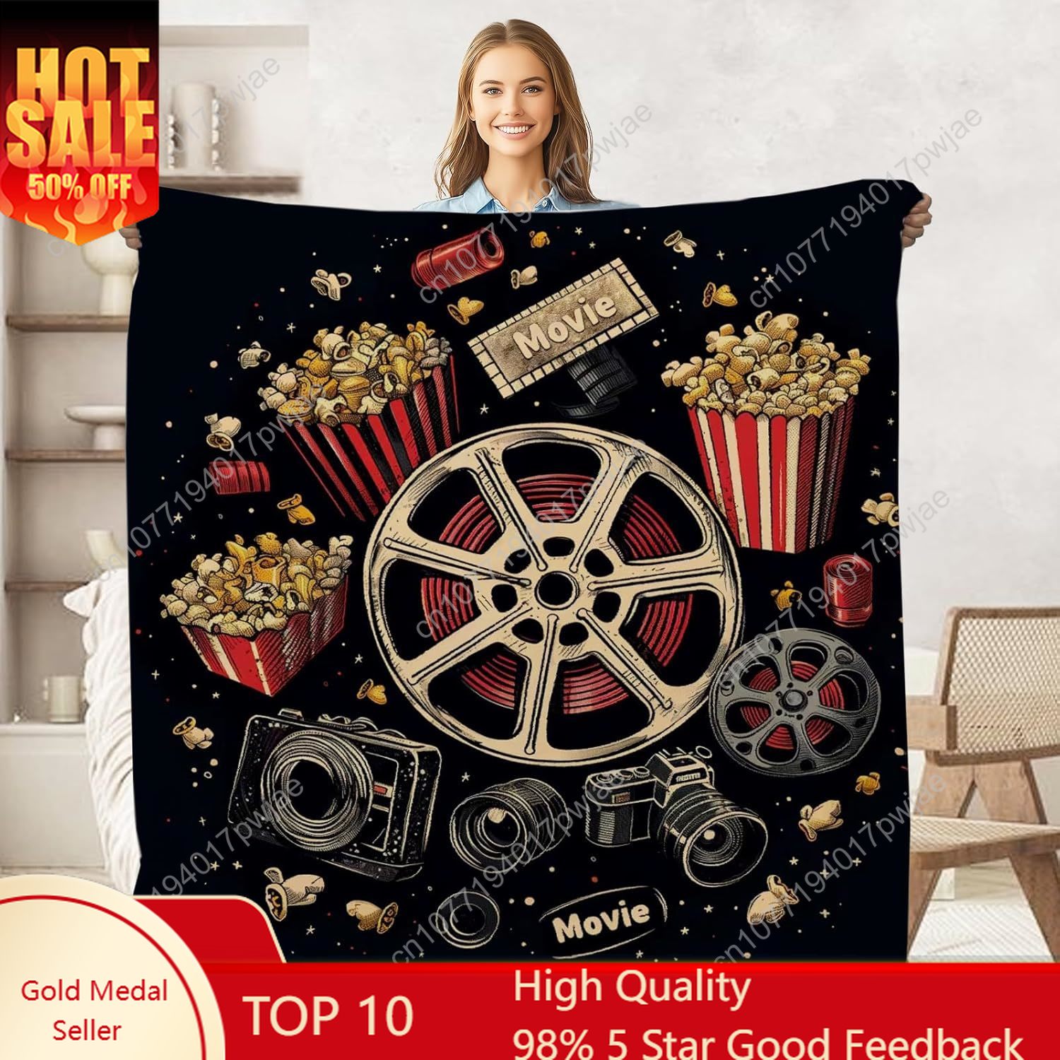 Home Cinema Gifts - Movie Ticket Popcorn Throw Blanket for